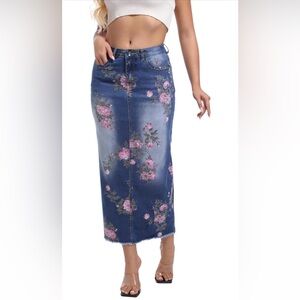 Floral Denim Skirt - Pink Roses on Blue